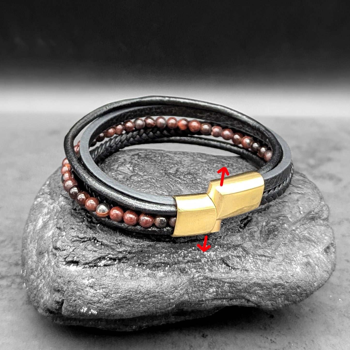 Red Tiger Eye Black Leather