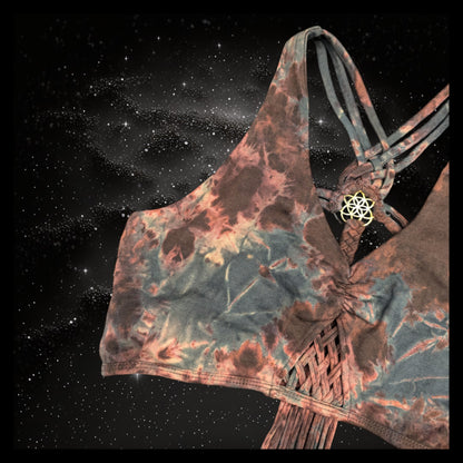 Tie-Dye Cropped Yoga Top with Interlace Back & Mandala Detail