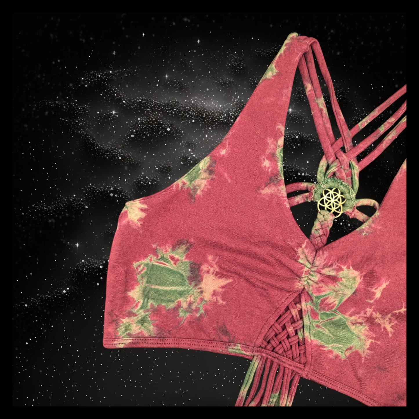 Tie-Dye Cropped Yoga Top with Interlace Back & Mandala Detail