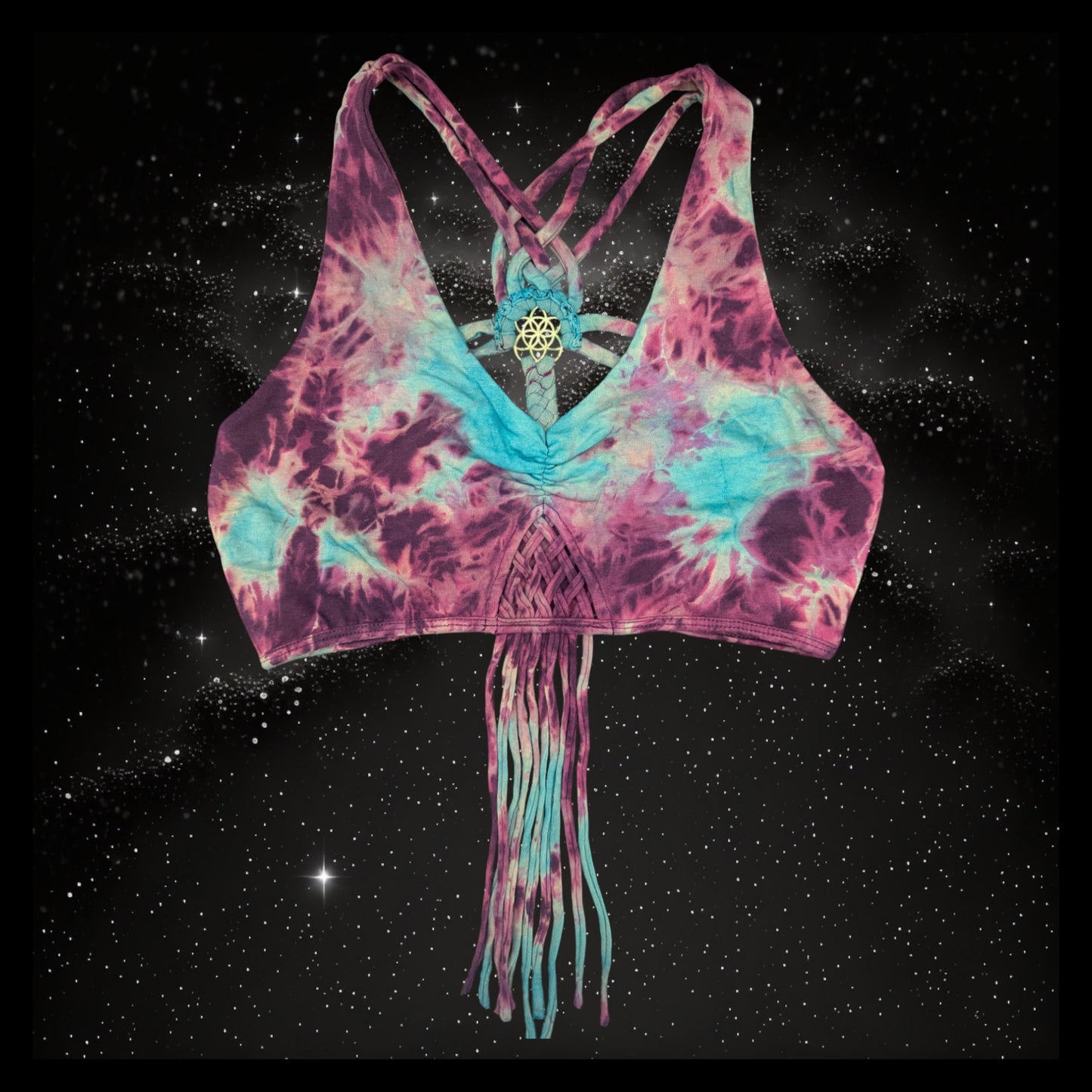 Tie-Dye Cropped Yoga Top with Interlace Back & Mandala Detail