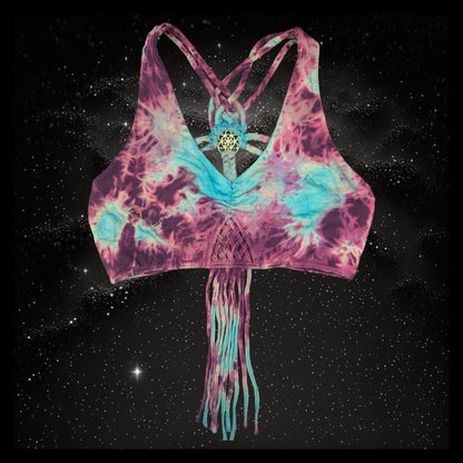 Tie-Dye Cropped Yoga Top with Interlace Back & Mandala Detail