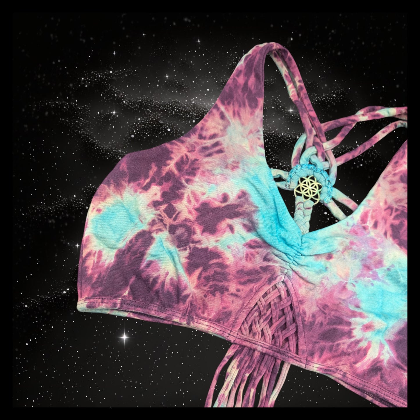 Tie-Dye Cropped Yoga Top with Interlace Back & Mandala Detail