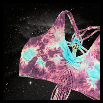 Tie-Dye Cropped Yoga Top with Interlace Back & Mandala Detail