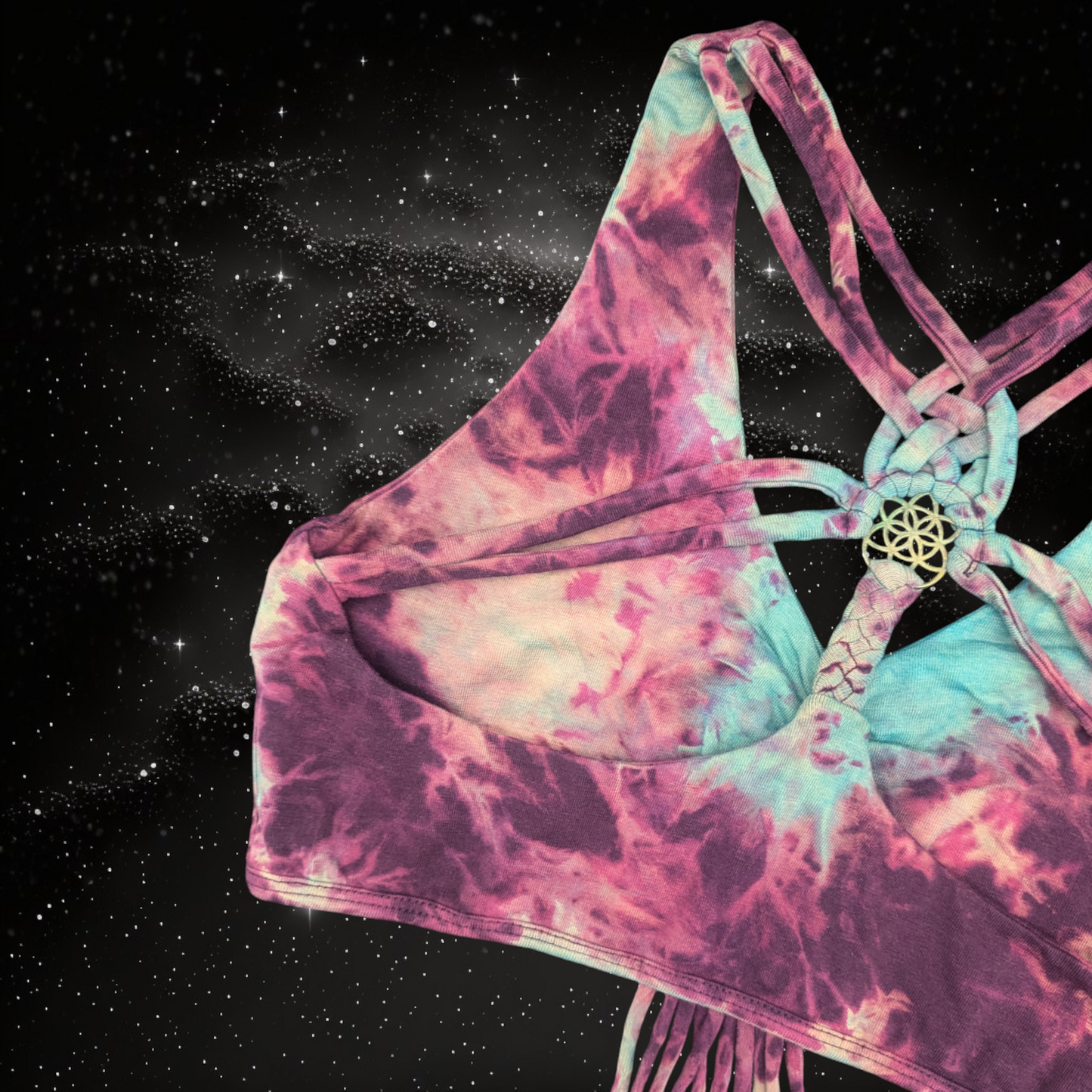 Tie-Dye Cropped Yoga Top with Interlace Back & Mandala Detail