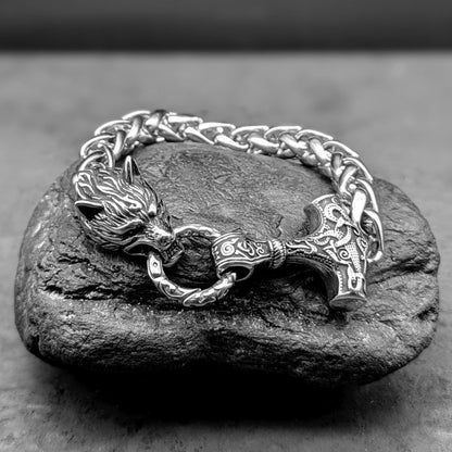 Wolf Head Thors Hammer Spiga Snake Chain