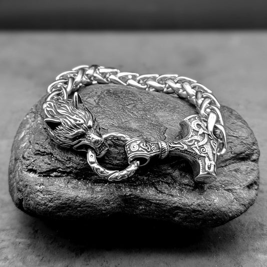 Wolf Head Thors Hammer Spiga Snake Chain